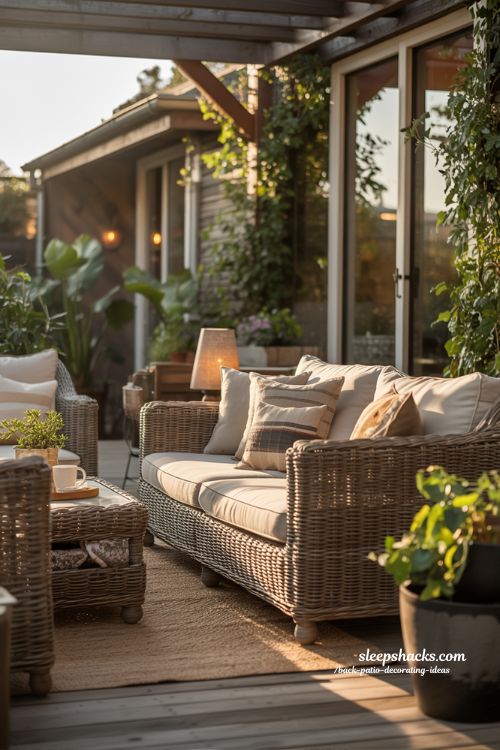 Wicker Patio Lounge Back Patio Ideas with Cozy Throws
