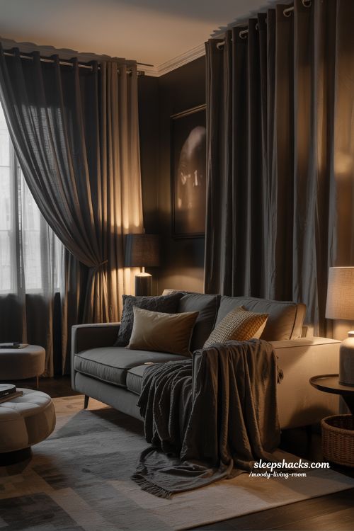 Window Treatments Height and Drama Moody Living Room