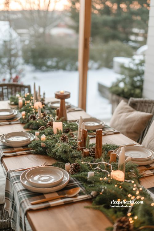 Winter Wonderland Patio Table Decor With Evergreen And Pinecones