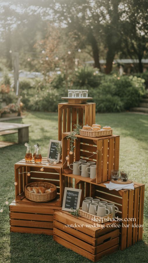 Wood Crate Rustic Display Coffee Bar for Outdoor Wedding