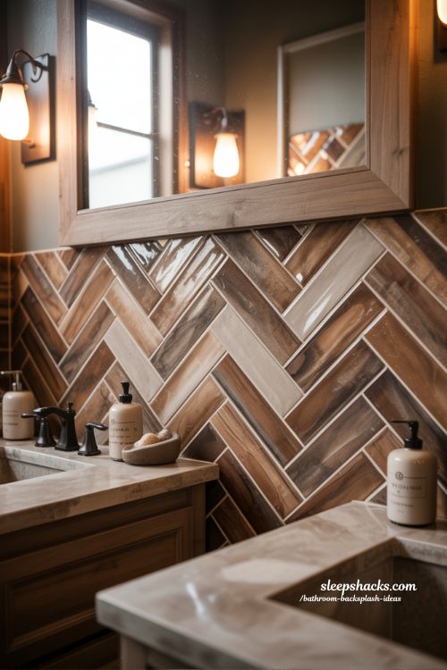 Wood-Look Porcelain Tile Bathroom Backsplash Ideas for Organic Warmth