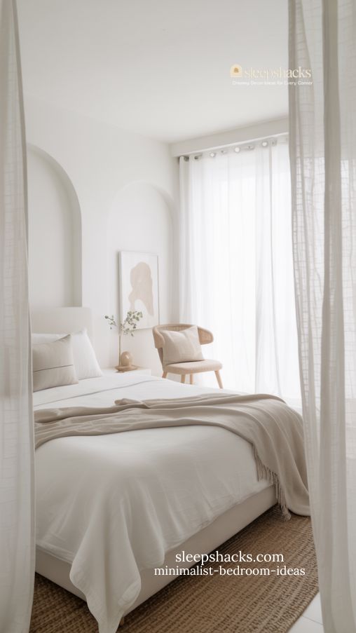 airy all-white minimalist bedroom with layered textures and subtle focal point