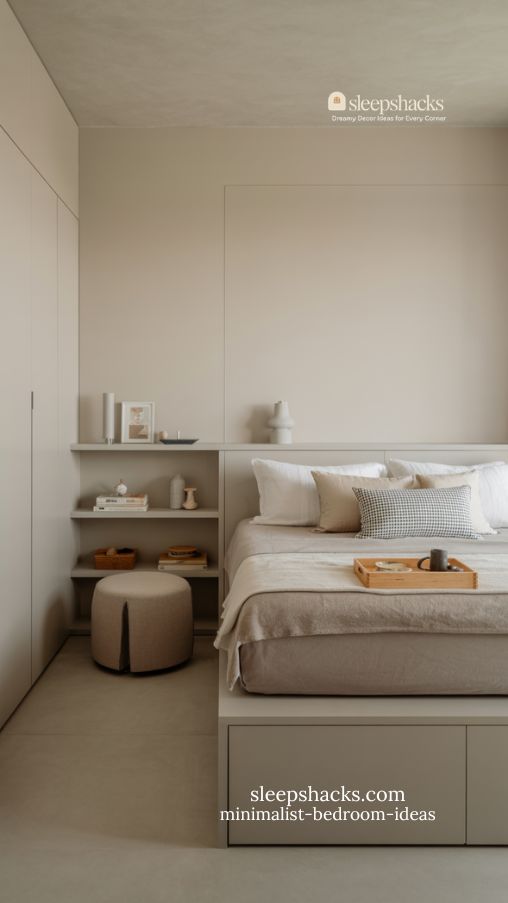 airy minimalist bedroom with hidden storage and uncluttered surfaces