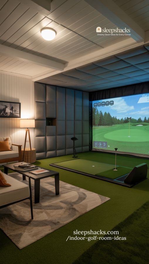 basement golf simulator conversion with cozy seating and turf flooring