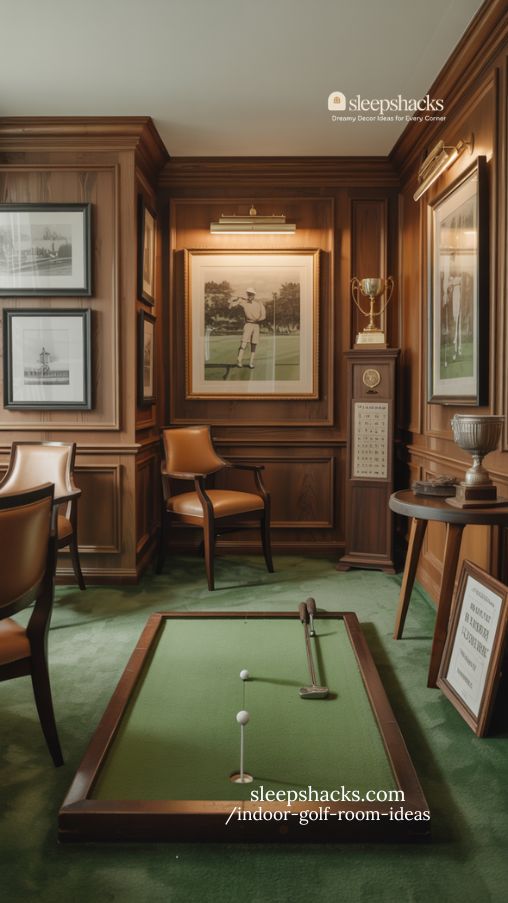 classic country club vibe indoor golf room with elegant décor and putting area