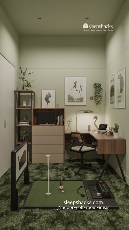 compact home office and golf zone with functional dual-purpose design