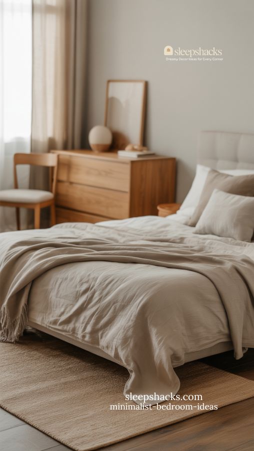 cozy minimalist bedroom with warm wood tones and neutral textures