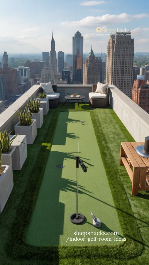 urban rooftop golf vibes with minimalist putting area and industrial décor