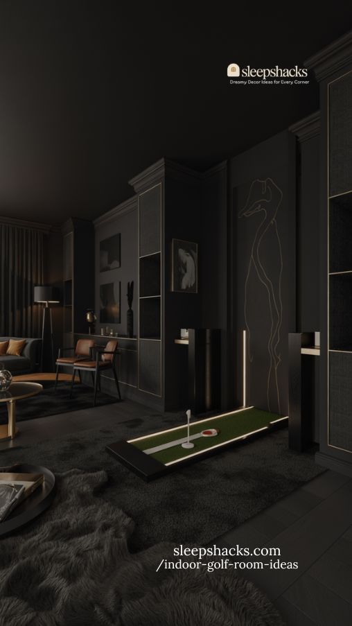 dramatic black golf lounge with illuminated putting path and luxury décor