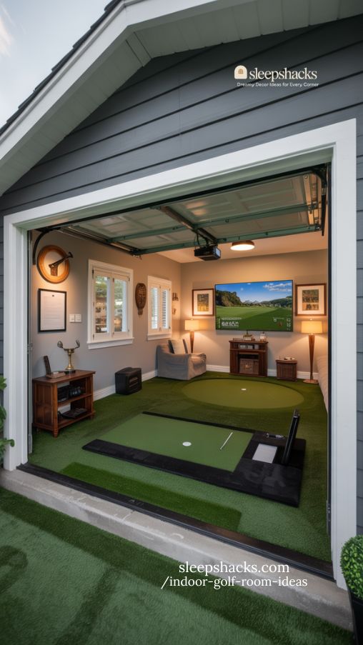 garage golf retreat with mini bar seating and indoor golf setup
