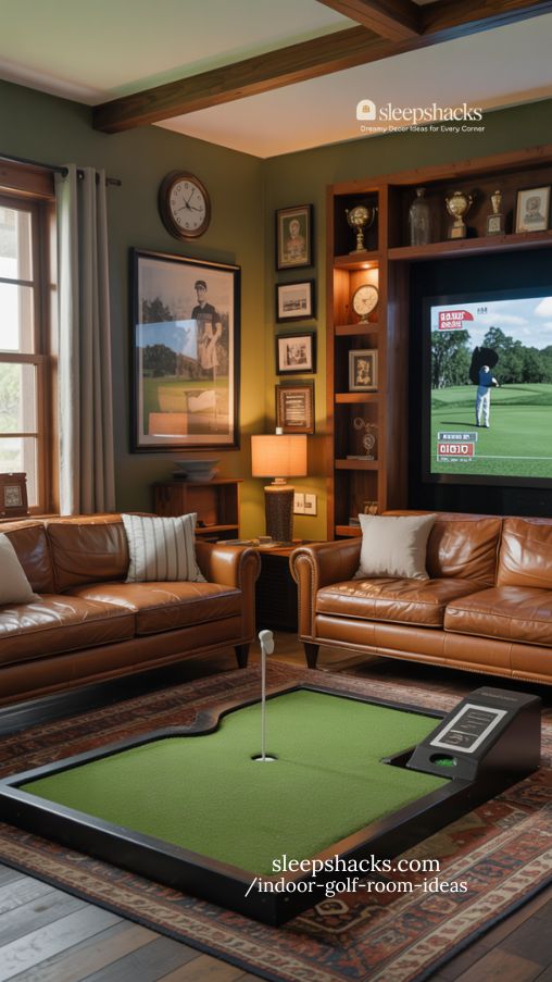 golf man cave lounge with cozy seating and indoor golf setup