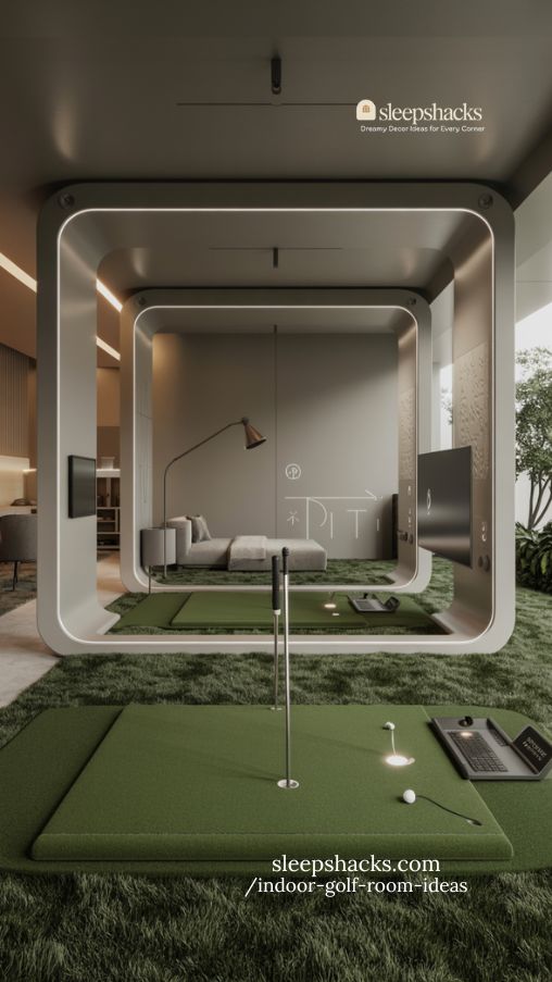 high-tech smart golf room with minimalist design and automated features