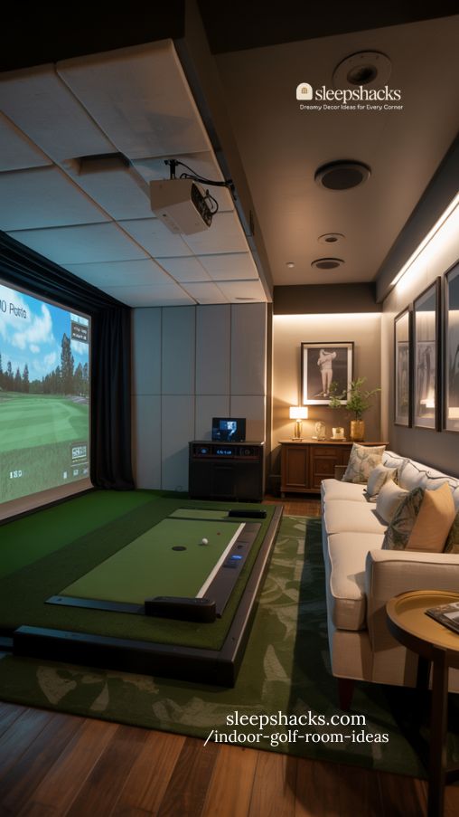 luxury golf simulator theater with immersive setup and plush seating