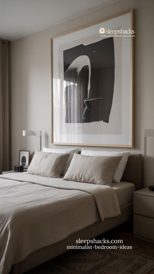 minimalist bedroom featuring oversized statement wall art and neutral decor