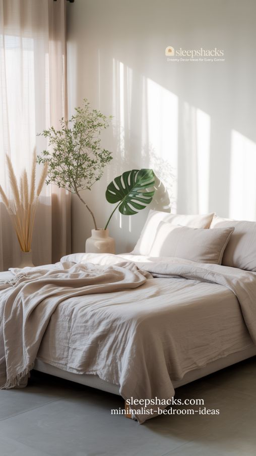 Photograph a minimalist bedroom styled with graphic black accents against a soft neutral backdrop. Feature white or light beige walls, crisp neutral bedding, and subtle pale wood elements for warmth. Incorporate a sleek black floor lamp, thin black photo frames, or a minimalist black bedside table to create contrast and depth. Balance the darker tones with soft textiles like linen bedding, a woven rug, or gauzy curtains. Capture natural daylight streaming in, with gentle shadow play that enhances the black-and-white contrast. The composition should feel modern, grounded, and sophisticated while remaining calm and uncluttered.Keywords Focus: minimalist bedroom ideas, black and white minimalist bedroom, modern minimalist decor, neutral bedroom with black accents, graphic minimalist bedroom