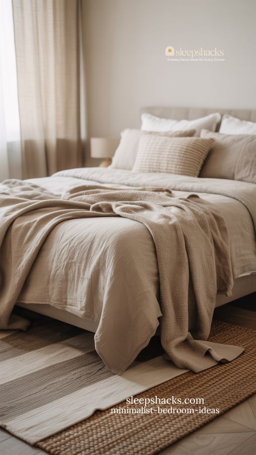 Photograph a minimalist bedroom featuring one sculptural furniture piece as functional art, such as a curved accent chair, uniquely shaped dresser, or artistic stool. Position the statement piece near a low-profile bed dressed in crisp neutral bedding. Keep the surrounding decor minimal with clean-lined furniture, soft textiles, and a restrained neutral palette of whites, warm beiges, and light greys. Allow natural light to stream through sheer curtains, highlighting the elegant curves and craftsmanship of the sculptural piece. The composition should feel gallery-inspired, refined, and sophisticated while remaining calm and uncluttered.Keywords Focus: minimalist bedroom ideas, sculptural furniture bedroom, modern minimalist decor, artistic minimalist bedroom, statement furniture design