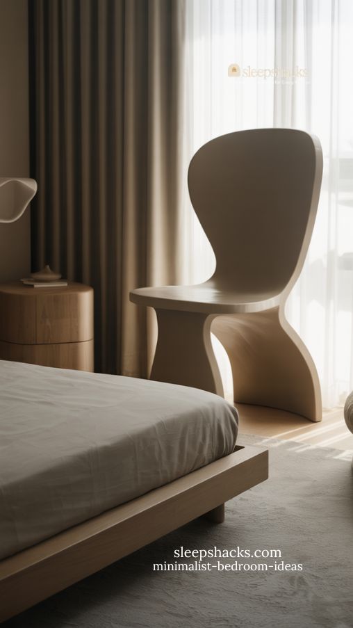 minimalist bedroom with sculptural chair neutral bedding and soft natural light