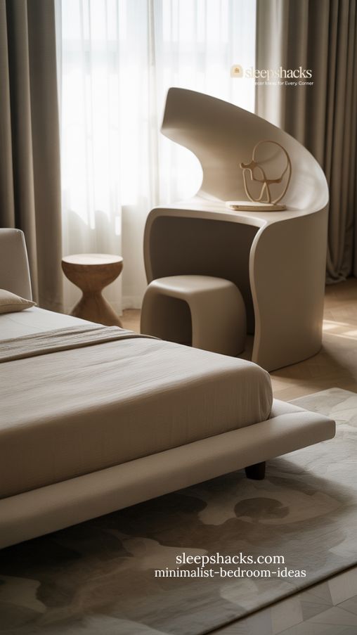 minimalist bedroom with sculptural furniture as functional art