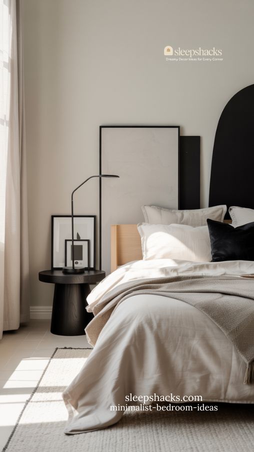 modern minimalist bedroom with black accents and neutral textures