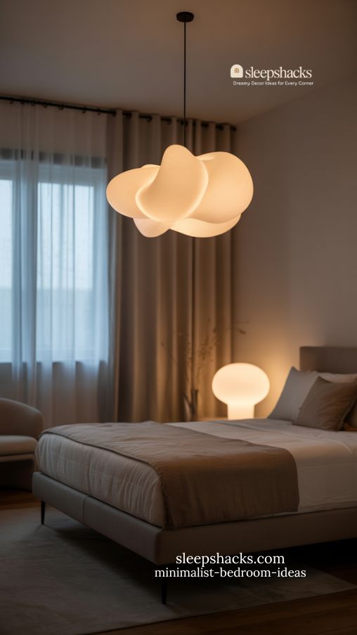 modern minimalist bedroom with statement lighting and cozy neutral tones
