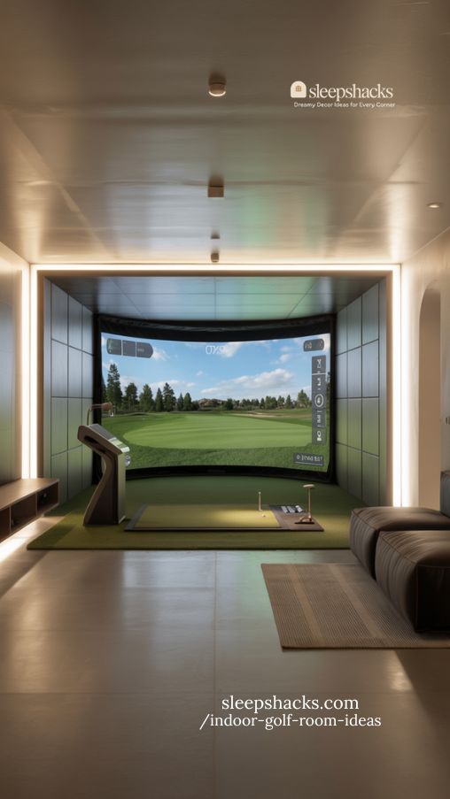 modern minimalist golf simulator room with high-tech setup and clean design