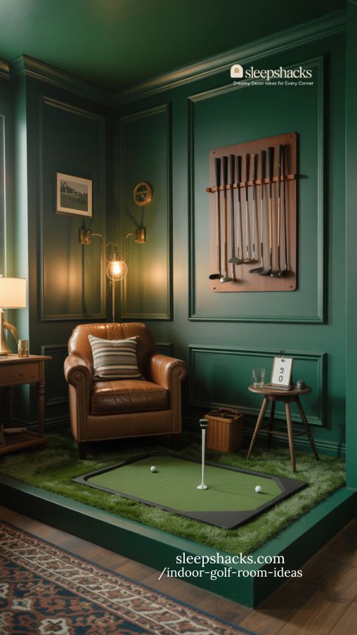 moody indoor golf room retreat with vintage club display and cozy seating