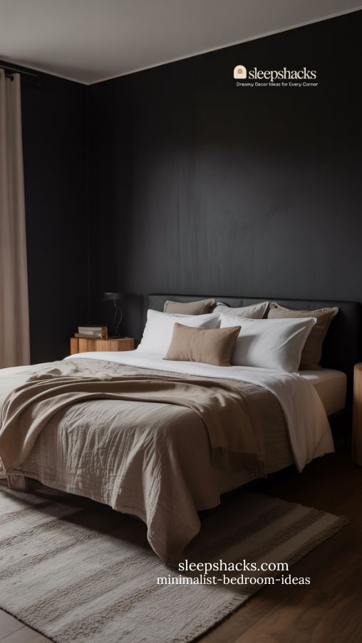 moody minimalist bedroom with dark walls and soft layered textures