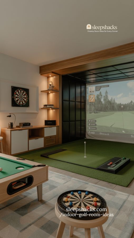 multipurpose game and golf room with golf simulator and family entertainment