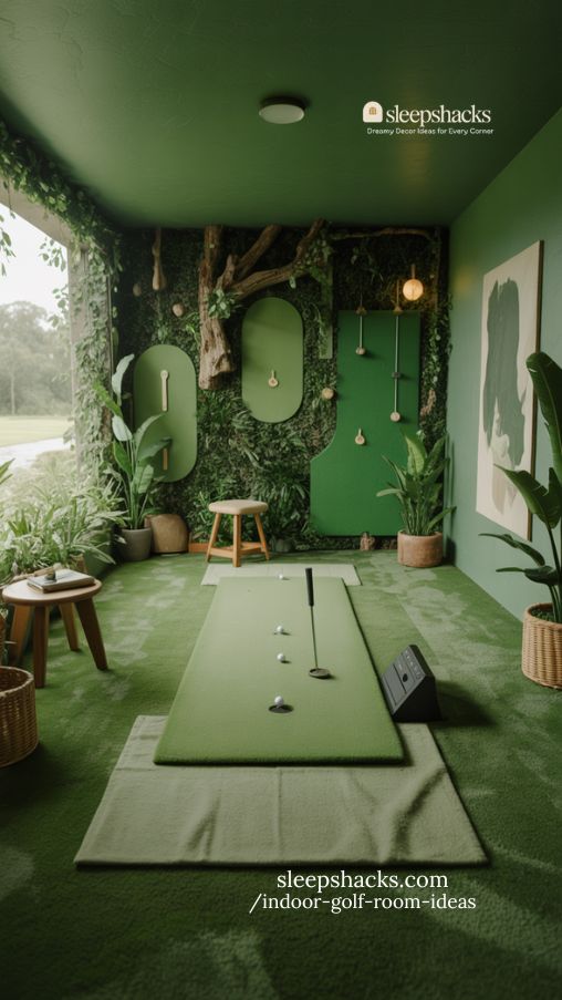 Create a photorealistic interior image of a high-tech smart indoor golf room. The space features a golf simulator or putting area with automated, voice-controlled lighting, connected sound systems, and sleek smart devices integrated seamlessly. Minimalist décor and hidden cables maintain a clean, futuristic look. Include subtle ambient lighting, a low-profile seating area, and modern flooring to enhance functionality and style. The design should feel innovative, efficient, and inviting, emphasizing technology while remaining comfortable for practice and relaxation. This space showcases the perfect balance between high-tech functionality and modern aesthetics. Keywords/Focus: high-tech smart golf room, automated indoor golf setup, minimalist golf technology room, futuristic golf practice space, connected golf simulator interior