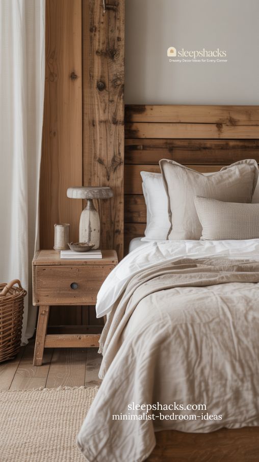rustic minimalist bedroom with natural wood tones and neutral textures