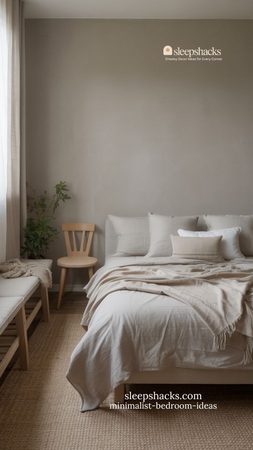 serene neutral minimalist bedroom with layered textures and natural light