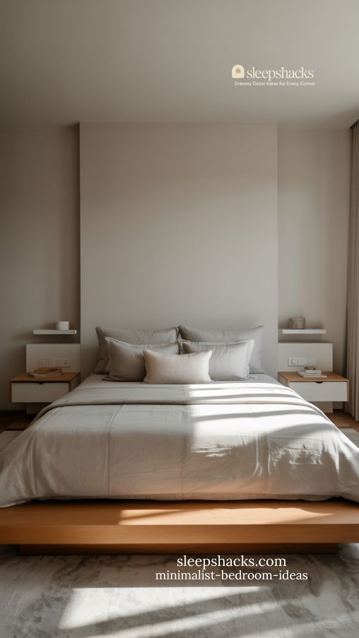 sleek minimalist bedroom with low-profile platform bed and discreet storage