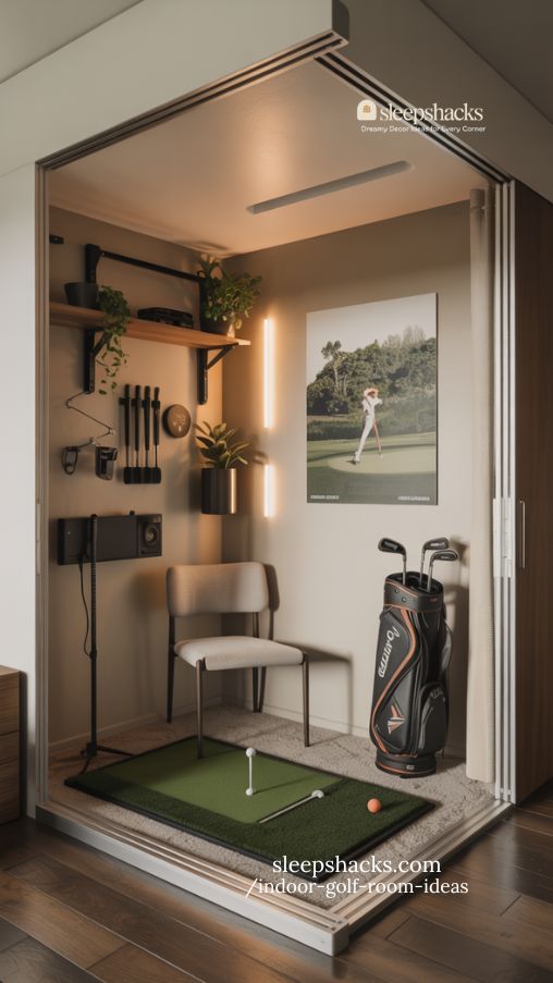 small space golf nook with compact putting area and cozy décor