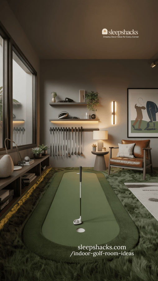 stylish indoor golf room with putting green and cozy seating