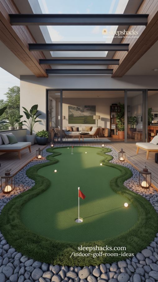sunken putting green paradise with cozy seating and natural décor