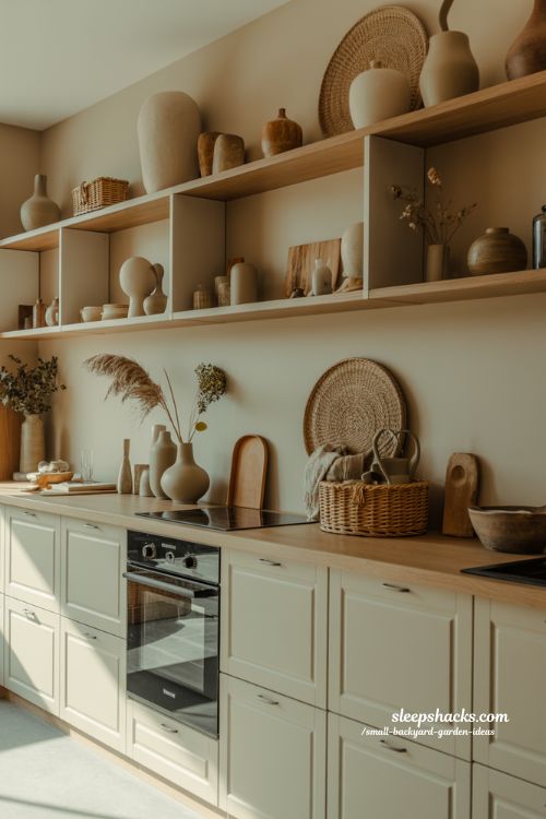 Above cabinet decor ideas for warm modern kitchen styling with layered natural textures and calm minimalist design