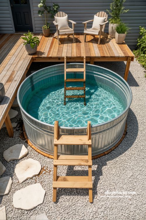 Affordable DIY Small Inground Stock Tank Pool with Built-In Cedar Decking Nook