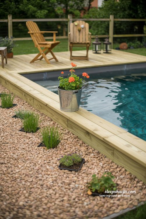 Affordable Semi Inground Pool Ideas with Gravel Patio