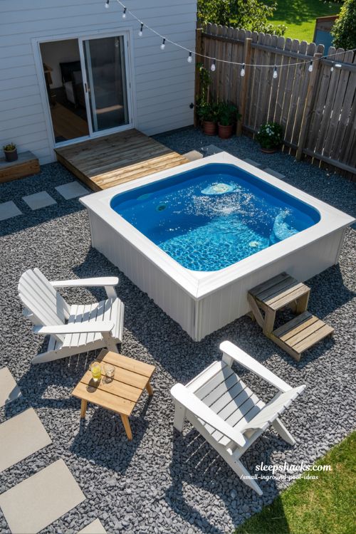 Affordable Square Inground Plunge Pool with Pea Gravel and Wood Accents