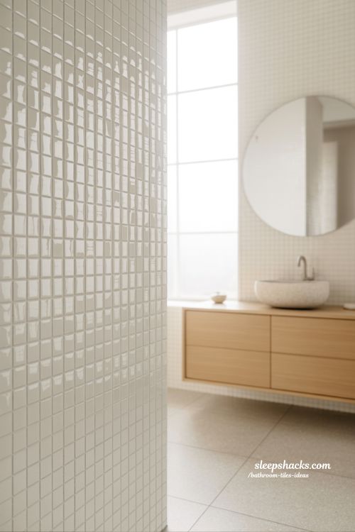 Airy Scandi Bathroom with Textured White Kit Kat Tiles and Soft Oak