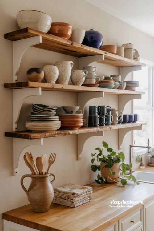 Artisan Ceramics and Pottery Displays in Boho Kitchen with Open Shelves
