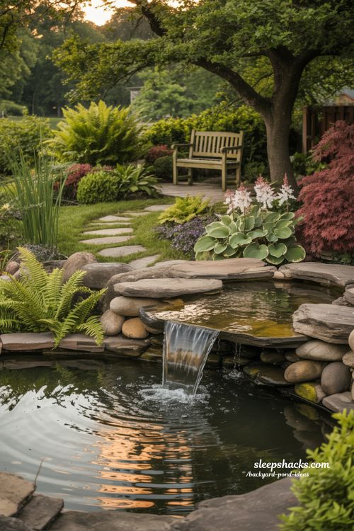 Backyard pond waterfall design with rocks and natural sounds.