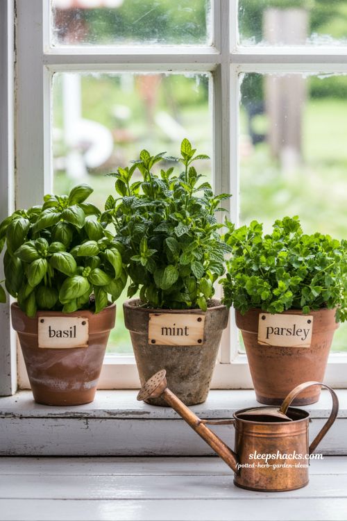 Beginner friendly trio herb garden starter setup with basil mint and parsley on windowsil