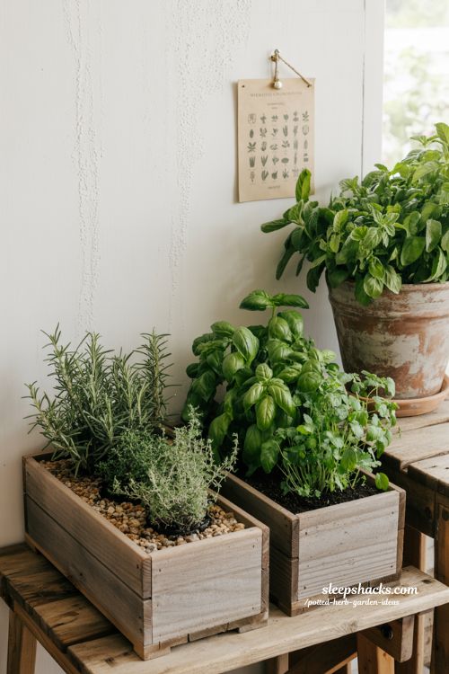 Best herbs for container grouping guide showing dry and moist loving plants in separate pots