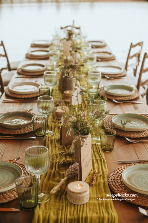 Boho-Chic Chartreuse Wedding Tablescapes with Layered Textures and Wildflowers