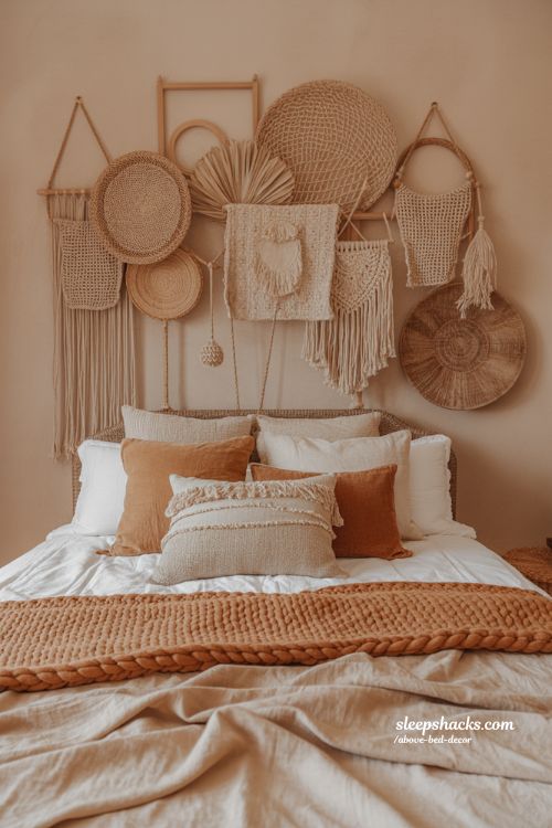 Boho above bed decor ideas with warm textures and relaxed earthy layers