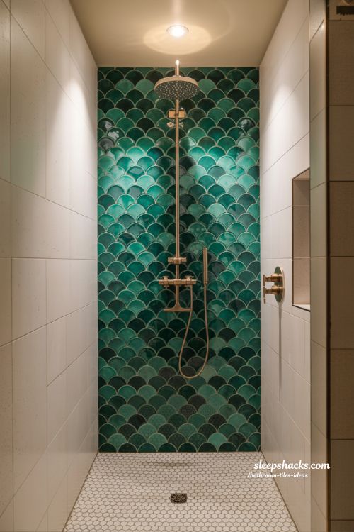 Bold Art Deco Statement Shower with Emerald Fish Scale Tiles and Gold Accents