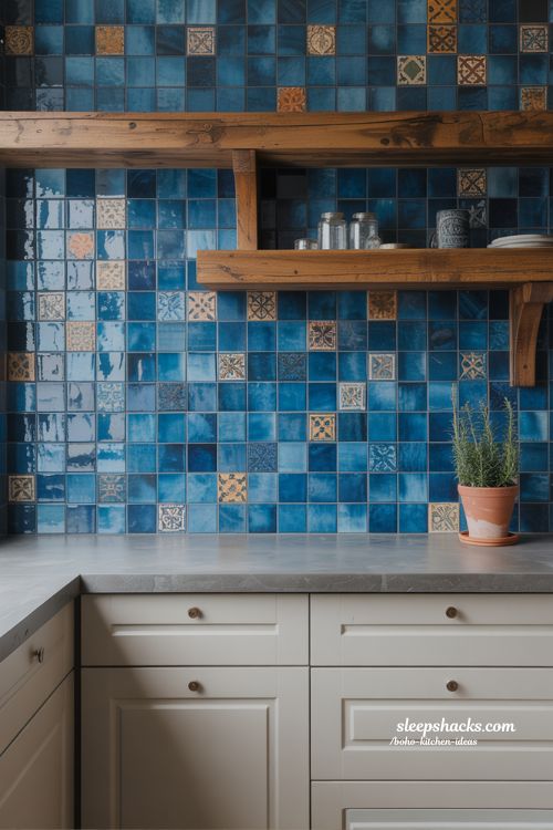 Bold Boho Kitchen Backsplash with Sapphire Blue patterned Zellige Tiles