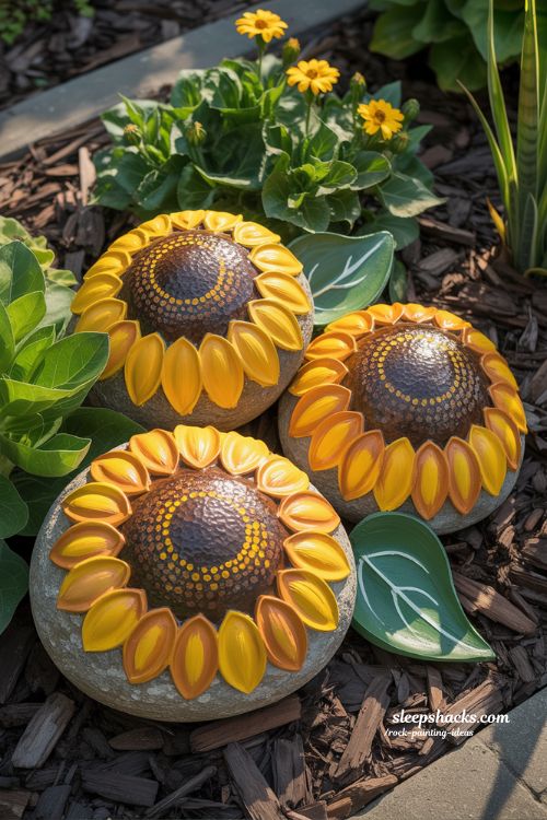 Bold and Beautiful Sunflower Rock Painting Ideas for Cheerful Garden Focal Points
