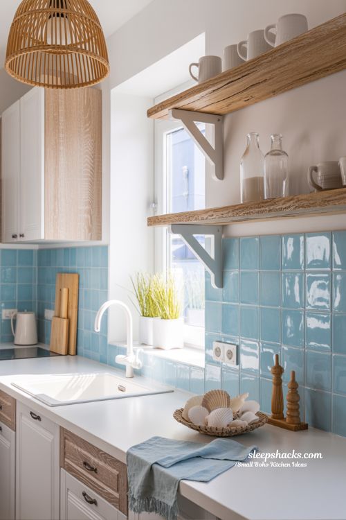 Breezy Coastal Small Boho Kitchen with Sea-Foam Blue and Rattan Accents